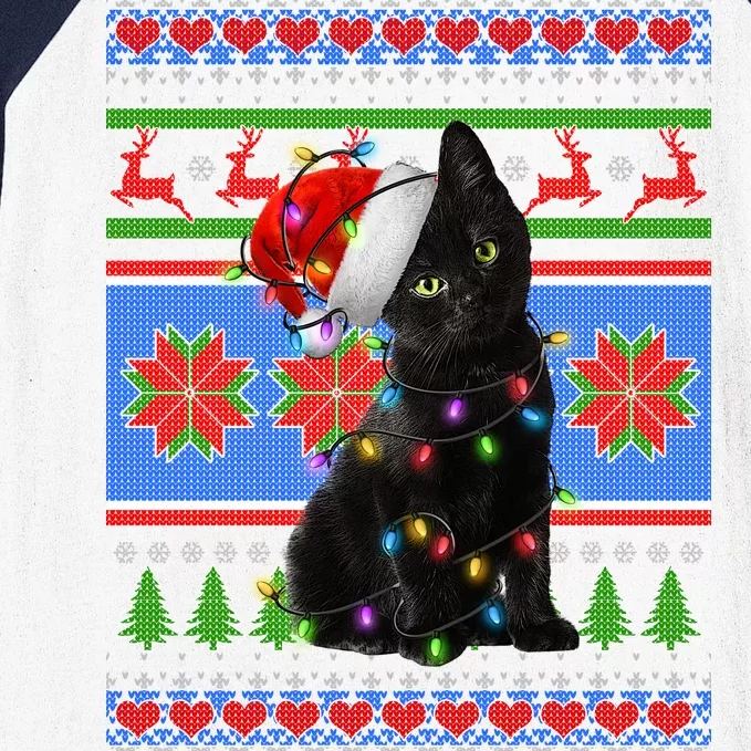 Christmas Lights Santa Cat Ugly Baseball Sleeve Shirt