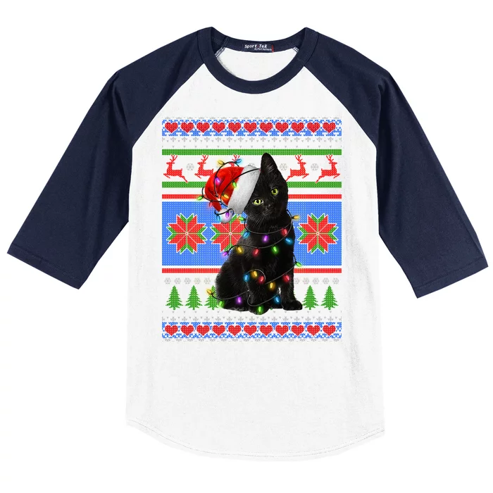 Christmas Lights Santa Cat Ugly Baseball Sleeve Shirt