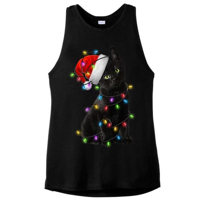 Christmas Lights Santa Kitty Ladies Tri-Blend Wicking Tank