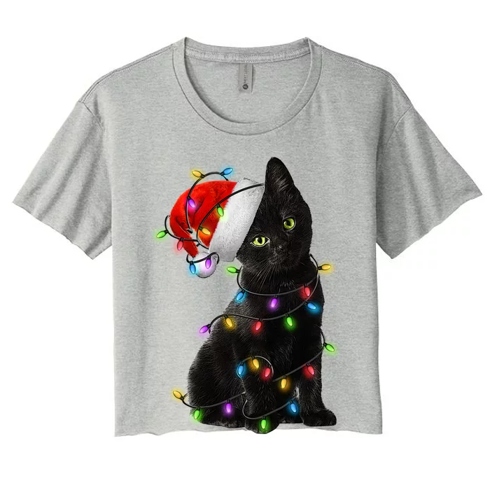 Christmas Lights Santa Kitty Women's Crop Top Tee