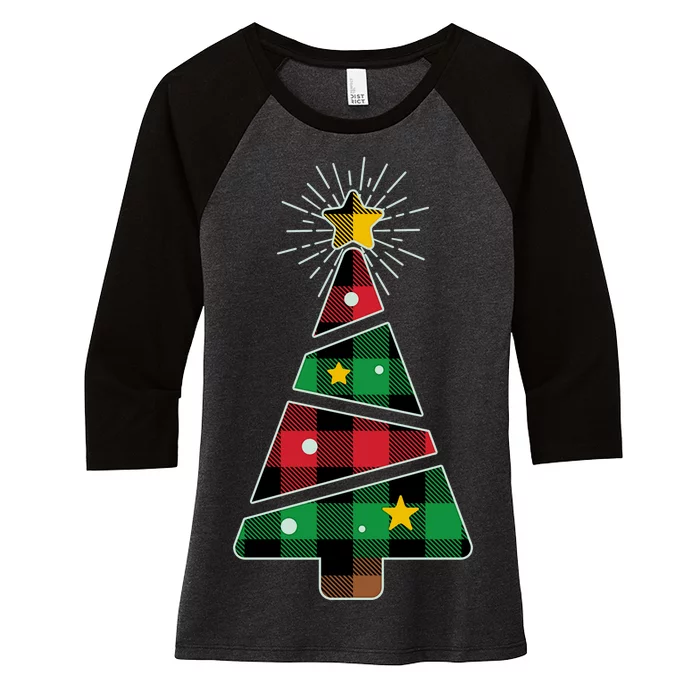 Christmas Multi Plaid Tree Women's Tri-Blend 3/4-Sleeve Raglan Shirt