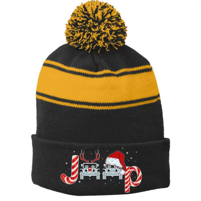 Christmas off Road Car Reindeer Stripe Pom Pom Beanie