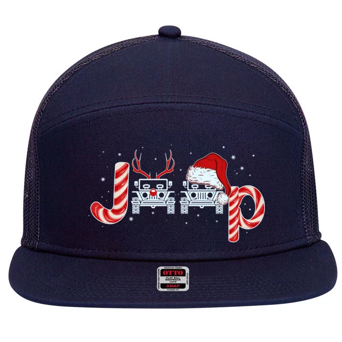 Christmas off Road Car Reindeer 7 Panel Mesh Trucker Snapback Hat