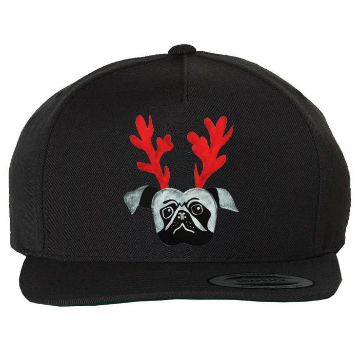 Christmas Pug Reindeer Wool Snapback Cap