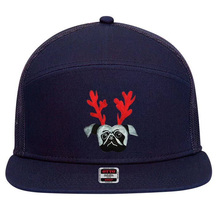 Christmas Pug Reindeer 7 Panel Mesh Trucker Snapback Hat