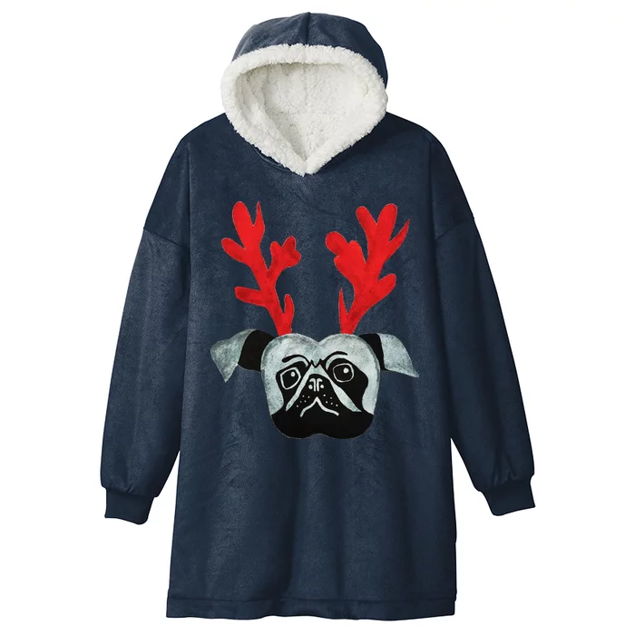 Christmas Pug Reindeer Hooded Wearable Blanket