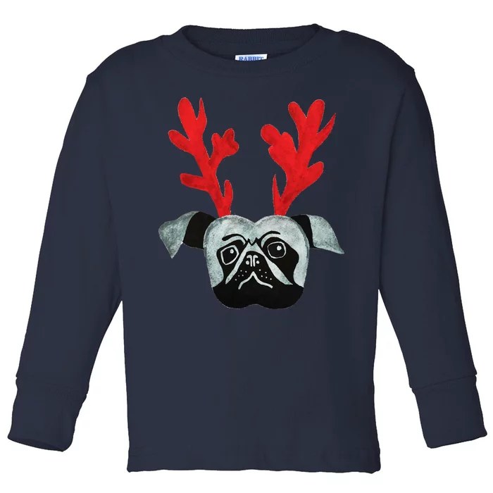 Christmas Pug Reindeer Toddler Long Sleeve Shirt