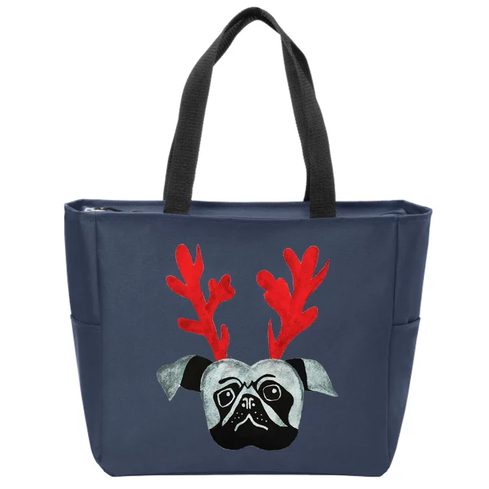 Christmas Pug Reindeer Zip Tote Bag