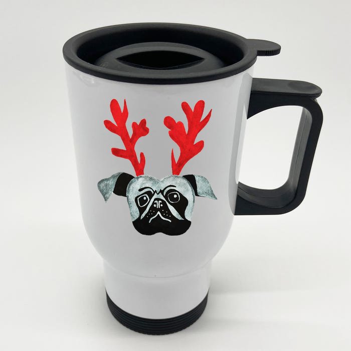 Christmas Pug Reindeer Front & Back Stainless Steel Travel Mug