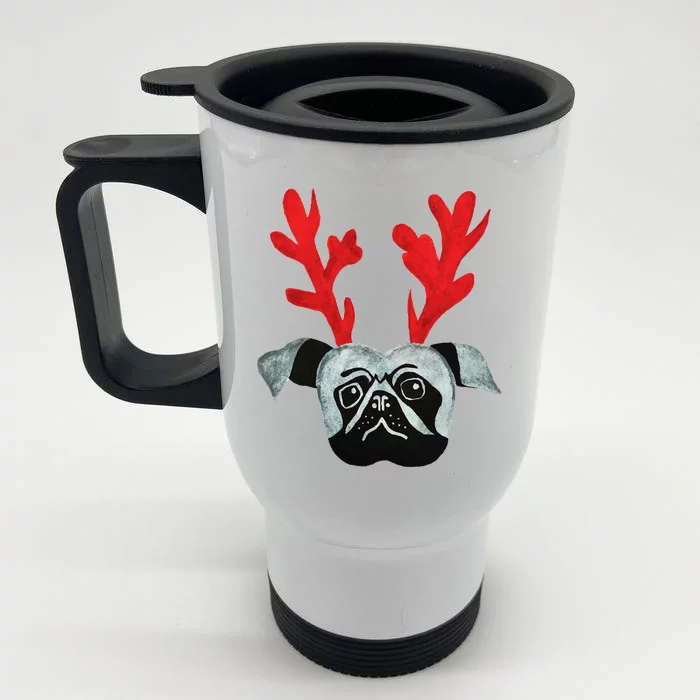 Christmas Pug Reindeer Front & Back Stainless Steel Travel Mug