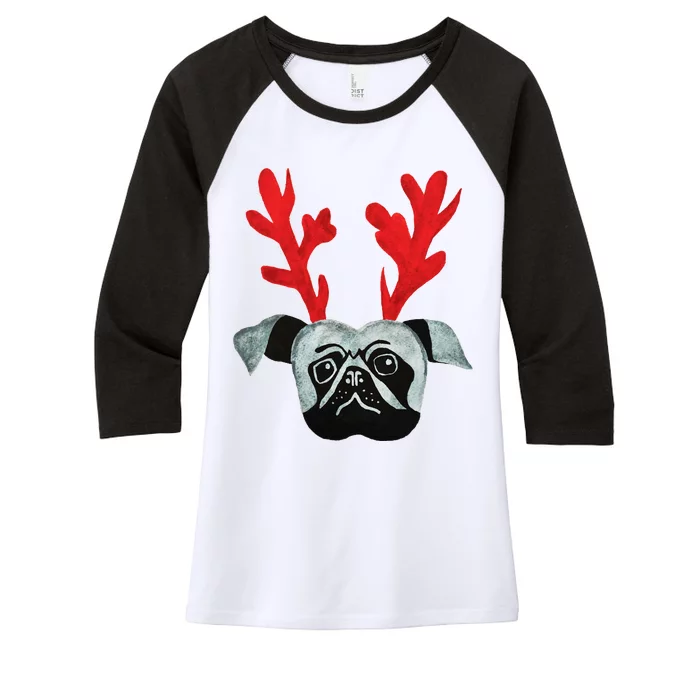 Christmas Pug Reindeer Women's Tri-Blend 3/4-Sleeve Raglan Shirt