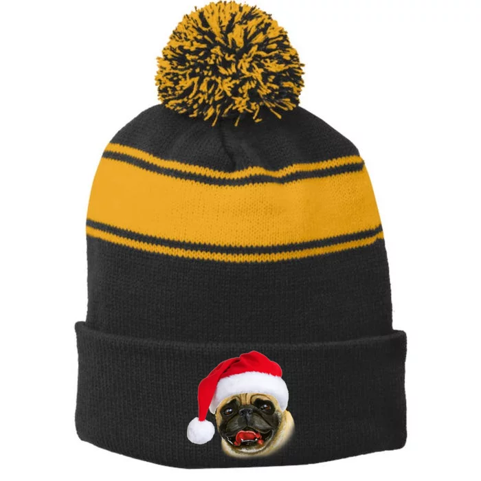 Christmas Pug Santa Hat Cute Stripe Pom Pom Beanie