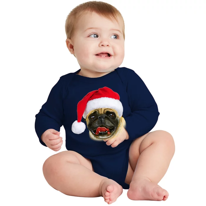 Christmas Pug Santa Hat Cute Baby Long Sleeve Bodysuit