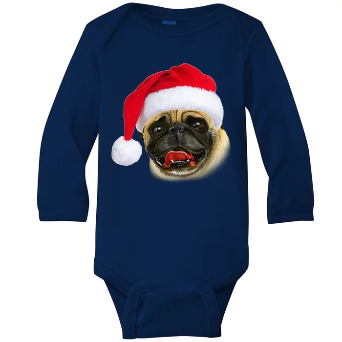 Christmas Pug Santa Hat Cute Baby Long Sleeve Bodysuit