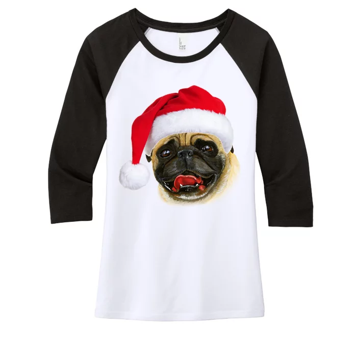 Christmas Pug Santa Hat Cute Women's Tri-Blend 3/4-Sleeve Raglan Shirt