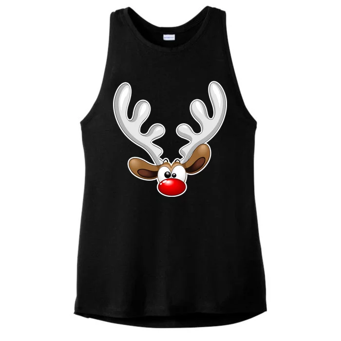 Christmas Red Nose Reindeer Face Ladies Tri-Blend Wicking Tank