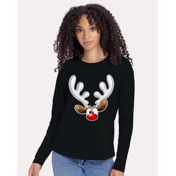 Christmas Red Nose Reindeer Face Womens Cotton Relaxed Long Sleeve T-Shirt