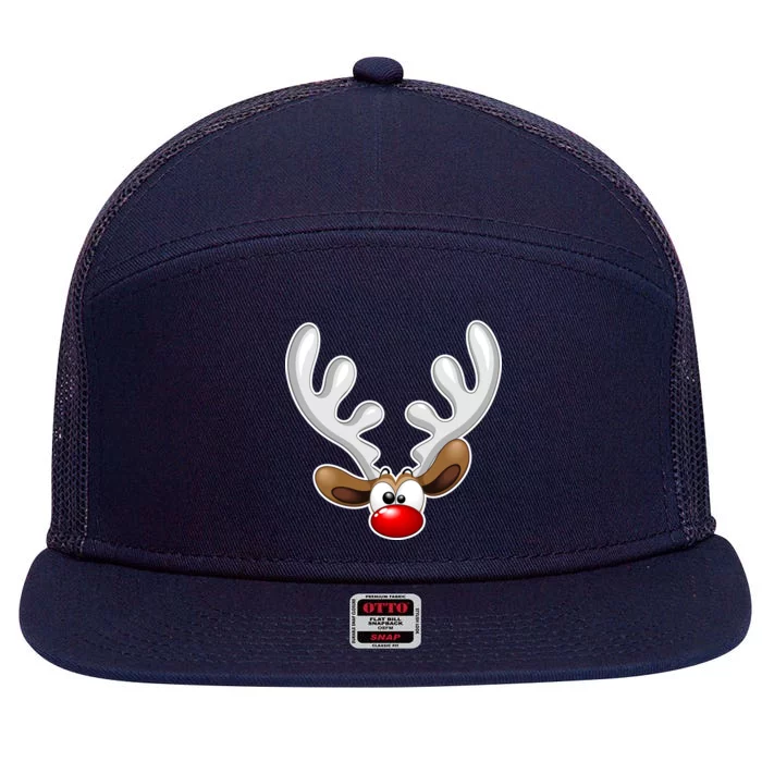 Christmas Red Nose Reindeer Face 7 Panel Mesh Trucker Snapback Hat