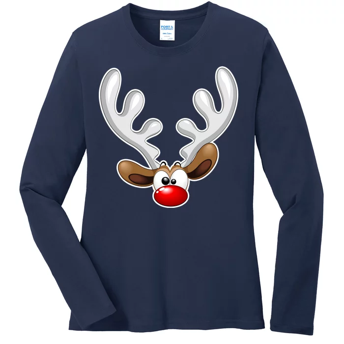 Christmas Red Nose Reindeer Face Ladies Long Sleeve Shirt