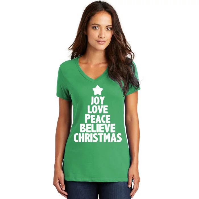 Christmas Tree Joy Love Peace Believe Women's V-Neck T-Shirt