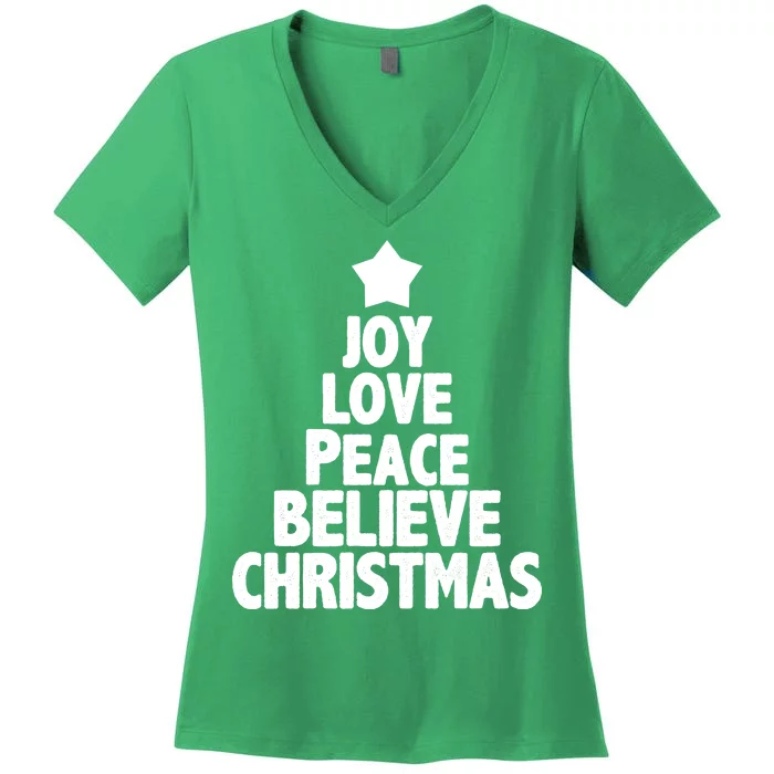 Christmas Tree Joy Love Peace Believe Women's V-Neck T-Shirt