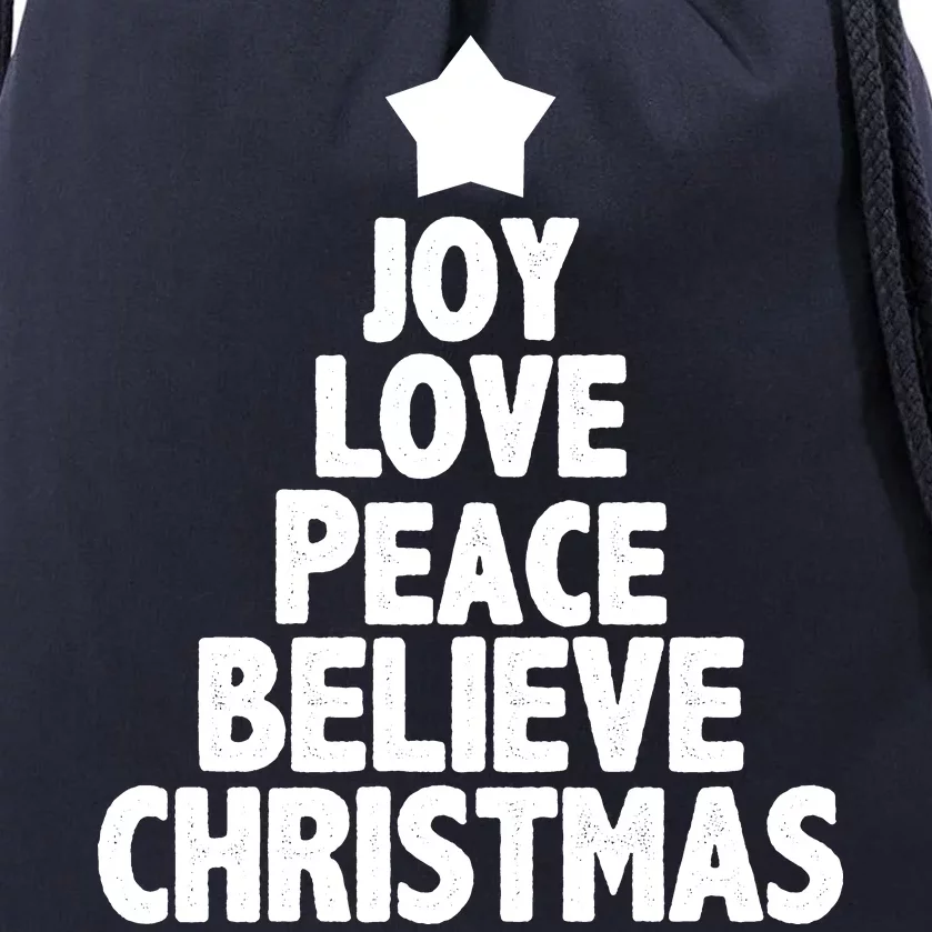 Christmas Tree Joy Love Peace Believe Drawstring Bag