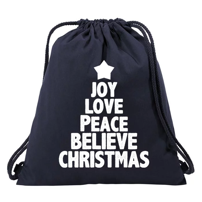 Christmas Tree Joy Love Peace Believe Drawstring Bag