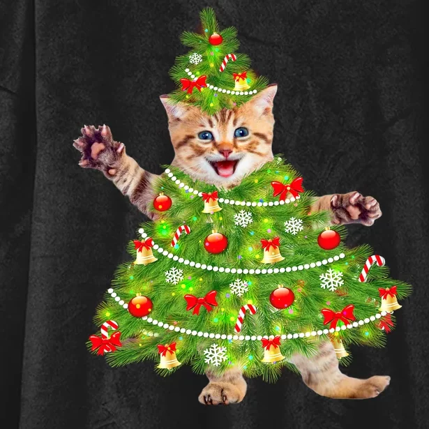 Christmas Tree Kitten Hooded Wearable Blanket