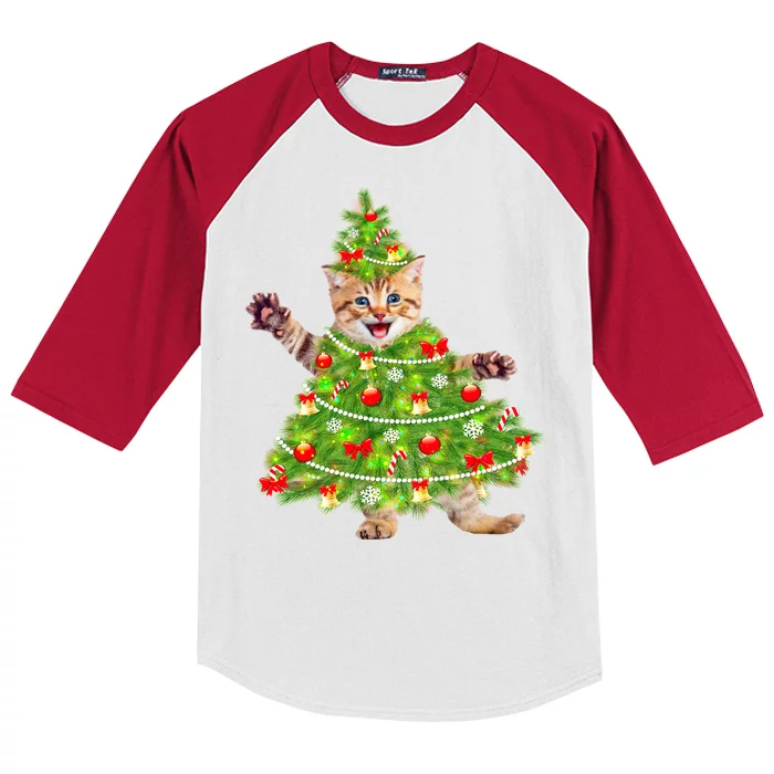 Christmas Tree Kitten Kids Colorblock Raglan Jersey