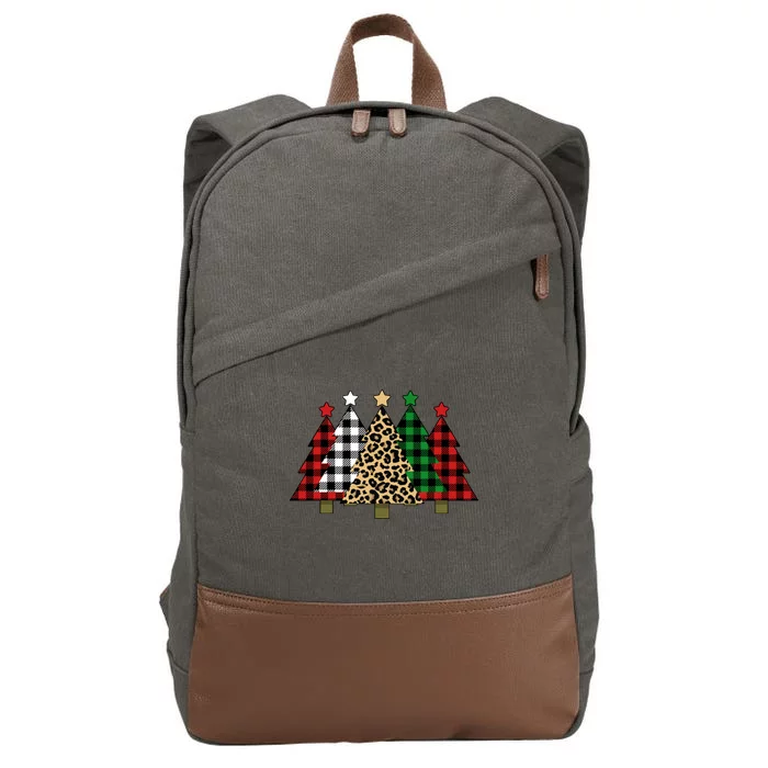 Christmas Trees Buffalo Plaid & Leopard Design Cotton Canvas Backpack