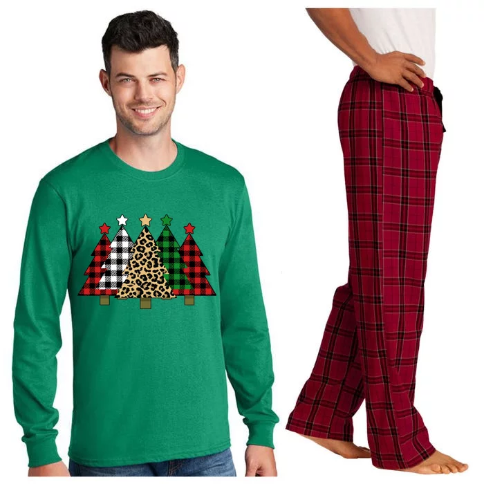 Christmas Trees Buffalo Plaid & Leopard Design Long Sleeve Pajama Set