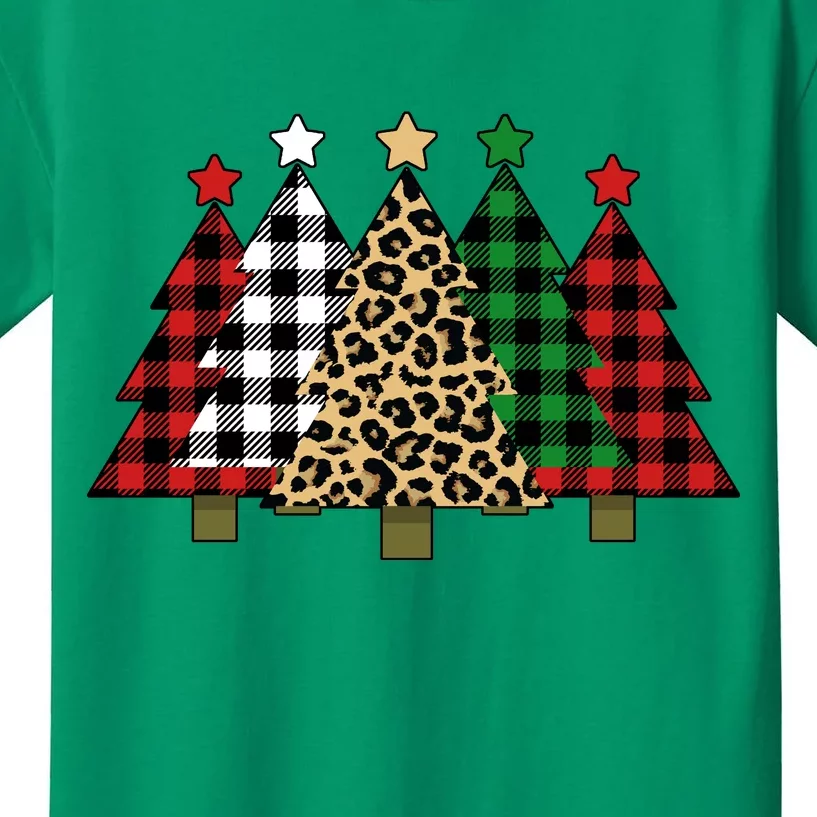 Christmas Trees Buffalo Plaid & Leopard Design Kids T-Shirt