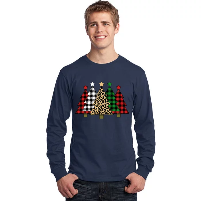 Christmas Trees Buffalo Plaid & Leopard Design Tall Long Sleeve T-Shirt