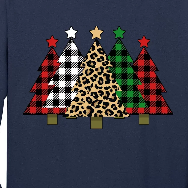 Christmas Trees Buffalo Plaid & Leopard Design Tall Long Sleeve T-Shirt