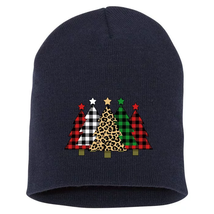 Christmas Trees Buffalo Plaid & Leopard Design Short Acrylic Beanie