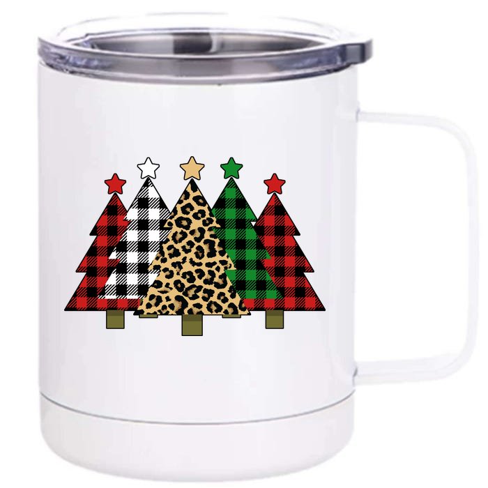 Christmas Trees Buffalo Plaid & Leopard Design Front & Back 12oz Stainless Steel Tumbler Cup