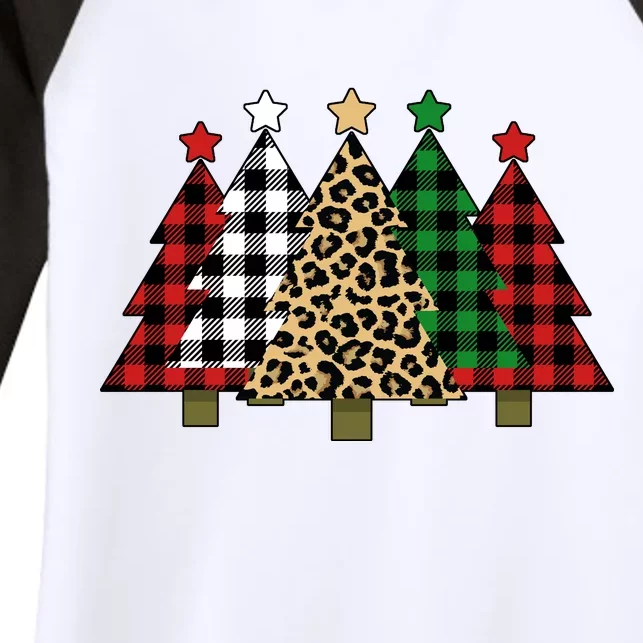 Christmas Trees Buffalo Plaid & Leopard Design Women's Tri-Blend 3/4-Sleeve Raglan Shirt