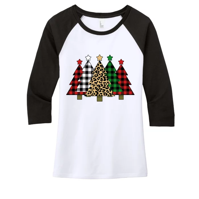 Christmas Trees Buffalo Plaid & Leopard Design Women's Tri-Blend 3/4-Sleeve Raglan Shirt