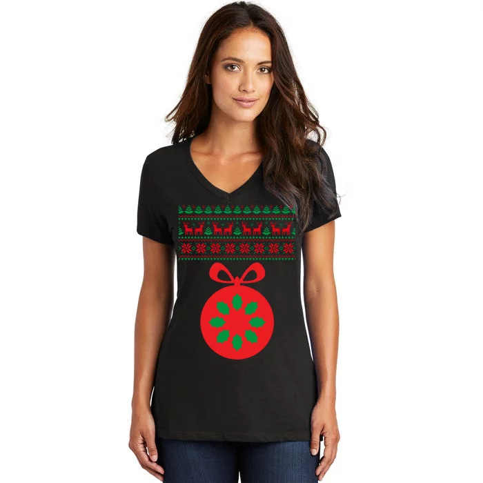 Christmas Ugly Sweater Pregnancy Ornament Women's V-Neck T-Shirt