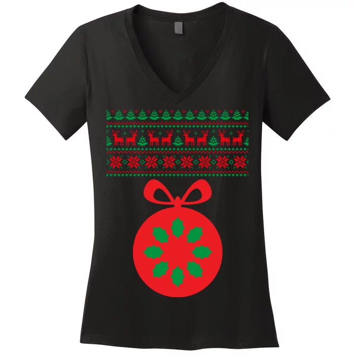 Christmas Ugly Sweater Pregnancy Ornament Women's V-Neck T-Shirt