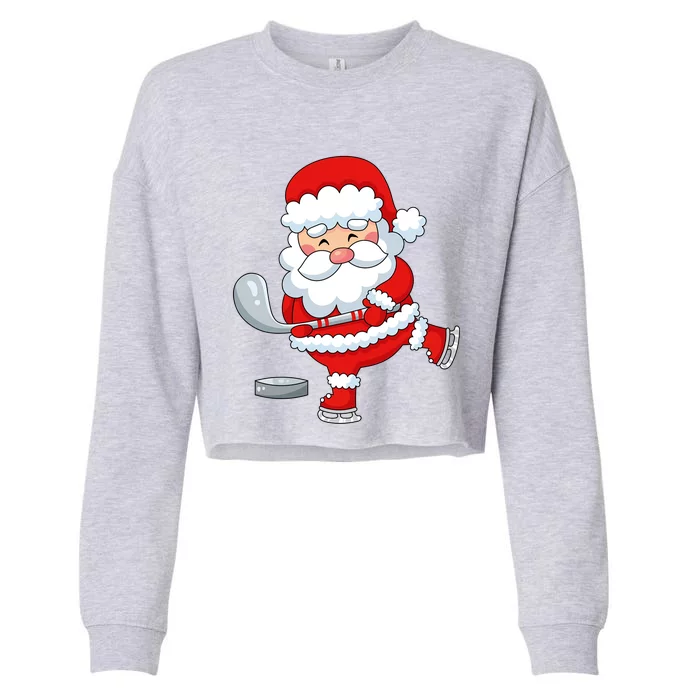 Christmas Hockey Santa Playing Hockey Santa Hockey Player Cute Gift Cropped Pullover Crew