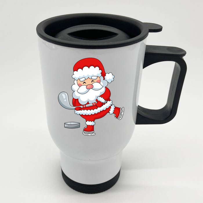 Christmas Hockey Santa Playing Hockey Santa Hockey Player Cute Gift Front & Back Stainless Steel Travel Mug