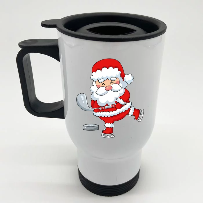 Christmas Hockey Santa Playing Hockey Santa Hockey Player Cute Gift Front & Back Stainless Steel Travel Mug