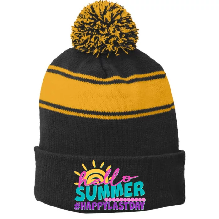 Cute Hello Summer #Happy Last Day Stripe Pom Pom Beanie