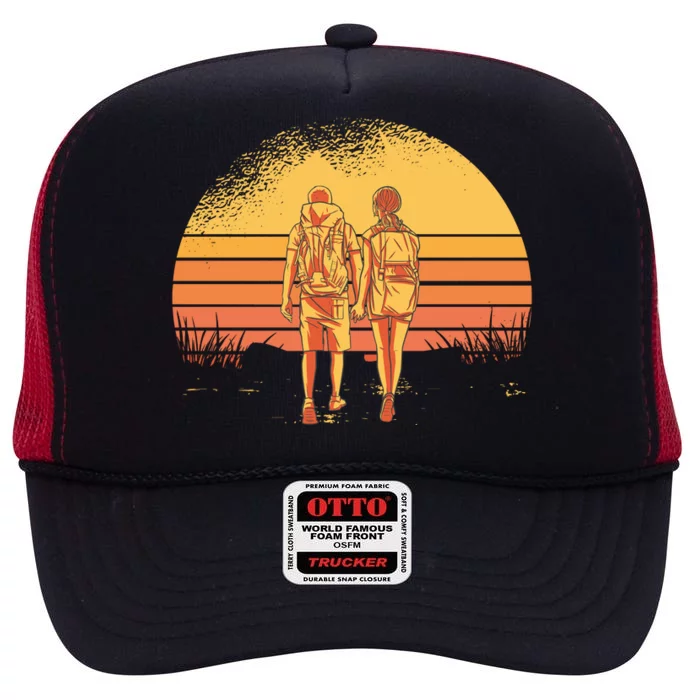 Couple Hiking Sunset High Crown Mesh Trucker Hat