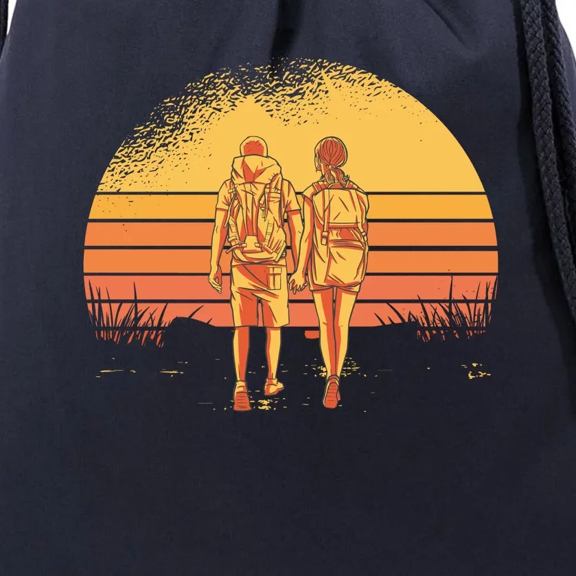 Couple Hiking Sunset Drawstring Bag