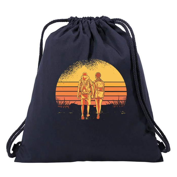 Couple Hiking Sunset Drawstring Bag