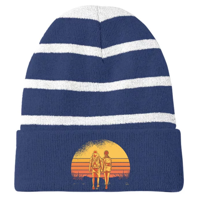 Couple Hiking Sunset Striped Beanie with Solid Band