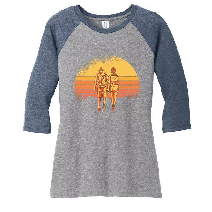 Couple Hiking Sunset Women's Tri-Blend 3/4-Sleeve Raglan Shirt