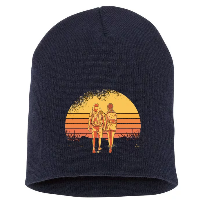 Couple Hiking Sunset Short Acrylic Beanie